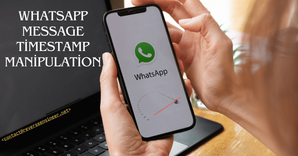 A person holding a smartphone displaying the WhatsApp logo with a manipulated clock on the screen, symbolizing WhatsApp message timestamp manipulation.