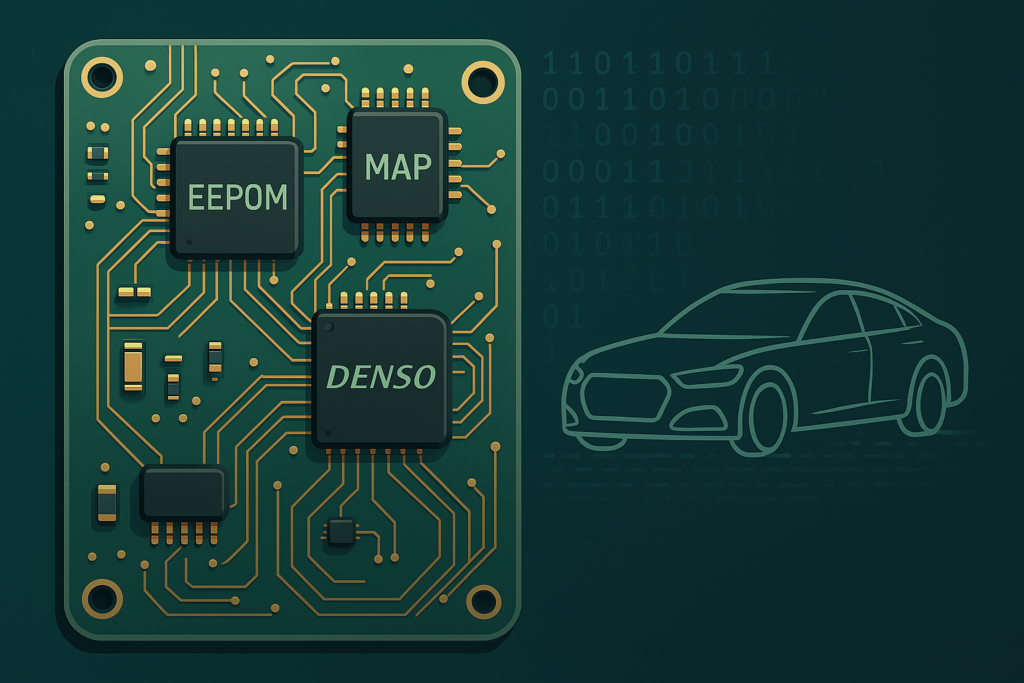 Stylized ECU circuit board showing EEPROM and MAP chip layout used for reverse engineering.