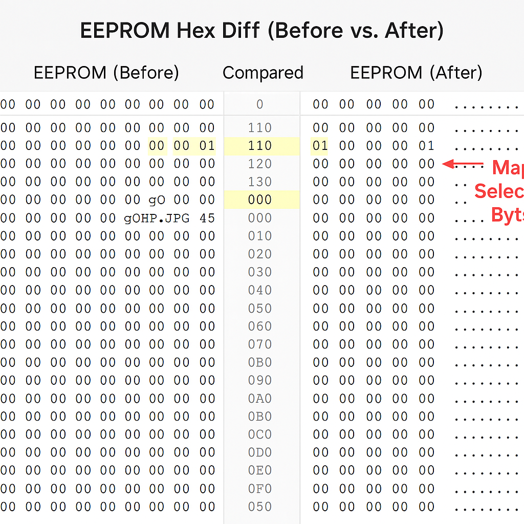 EEPROM memory comparison showing map selection byte added after firmware patch