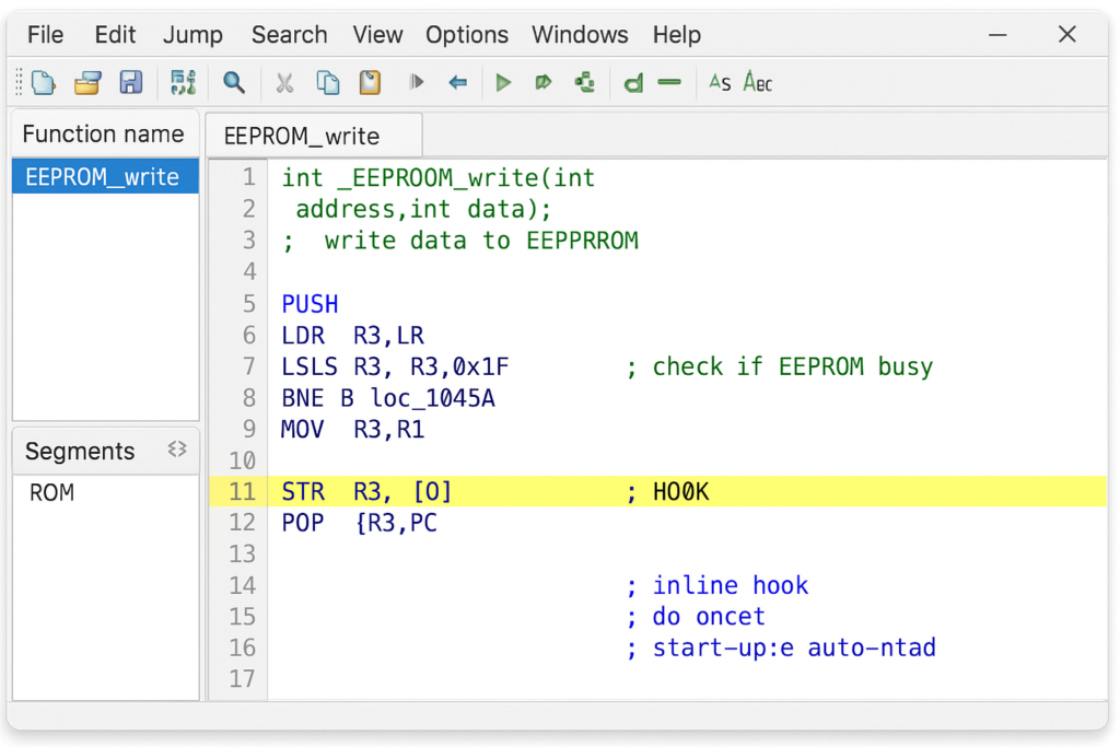 IDA Pro disassembly showing the EEPROM write function with custom hook for storing map selection. Denso diesel ecu