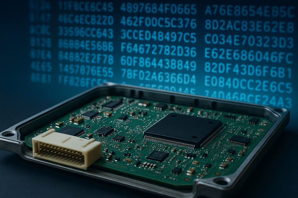 An open ECU board (foreground) and a representation of extracted firmware data (hexadecimal code in background). With the firmware dump in hand, engineers move on to software analysis