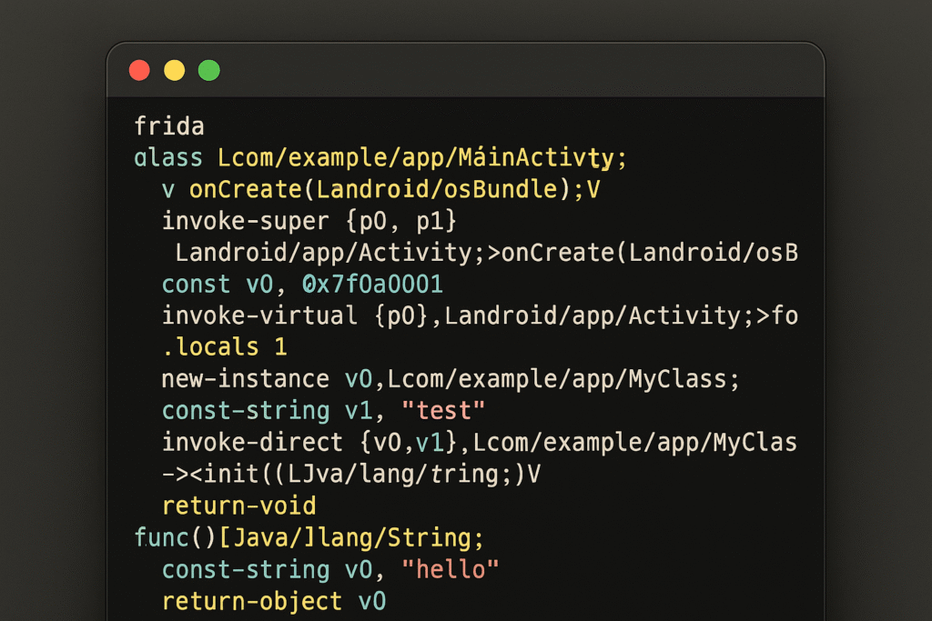 Example of hooked smali code captured during a Frida session to trace registration logic inside a mobile app