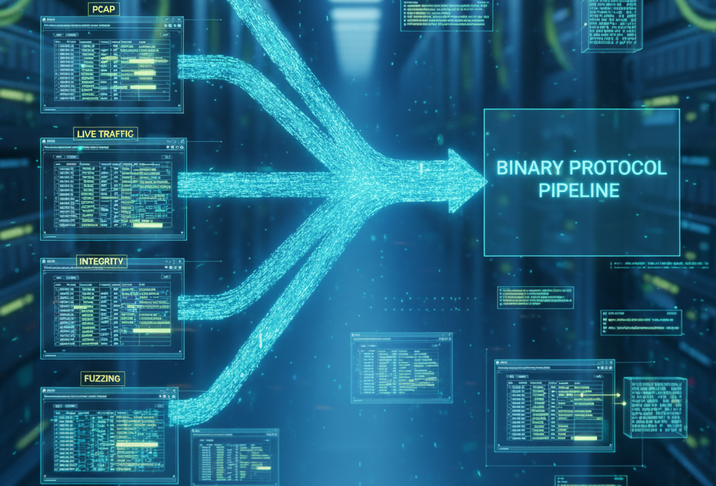 A clean flow diagram made of glowing data streams, each labeled PCAP, live traffic, integrity, fuzzing, merging into one coherent binary protocol pipeline.