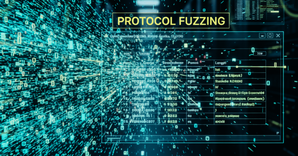 A clean flow diagram made of glowing data streams, each labeled PCAP, live traffic, integrity, fuzzing, merging into one coherent binary protocol pipeline.