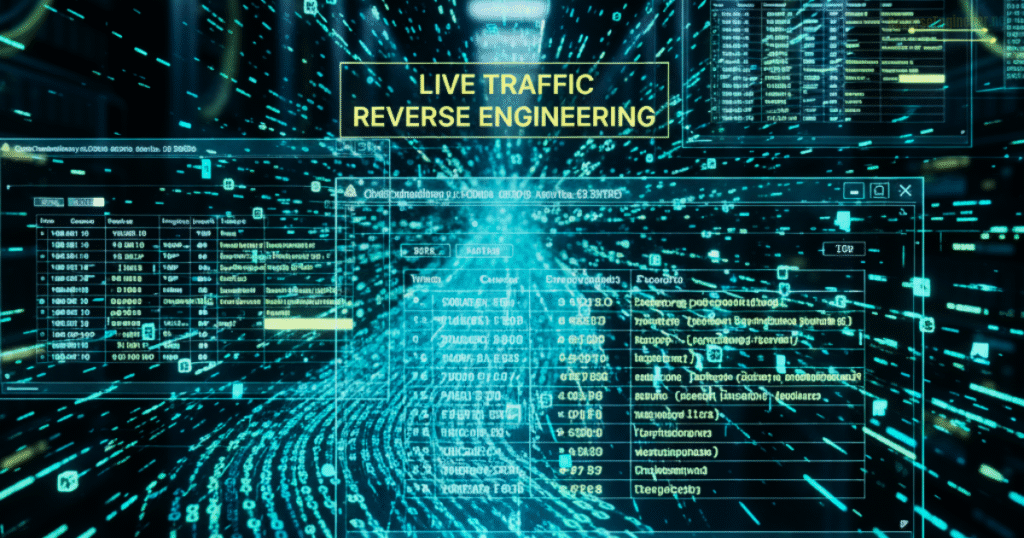 UDP packets streaming across a network in real time, with highlighted fields and sequence numbers, symbolizing live traffic reverse engineering