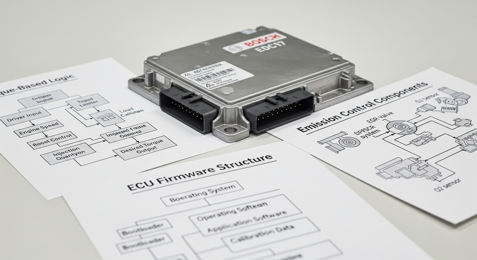 Detailed Bosch EDC17 ECU control unit with diagrams highlighting torque logic, ECU firmware, and Stage 1 diesel tuning architecture.