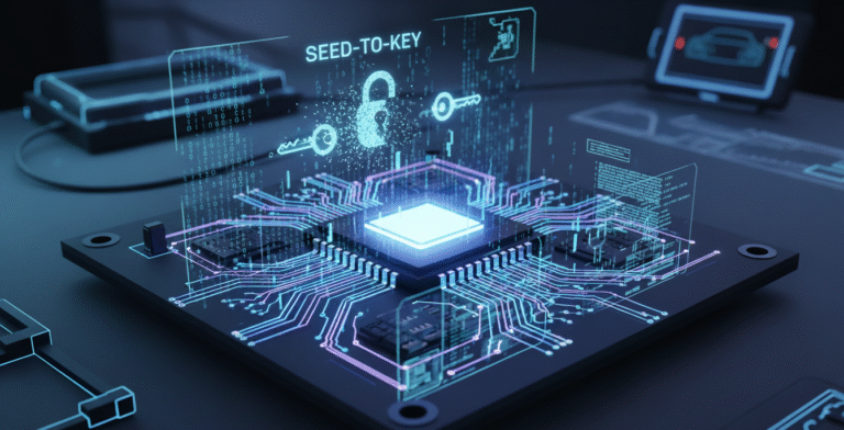 Seed-to-key automotive ECU microcontroller board with glowing digital circuits and binary code overlay, futuristic style, representing seed-to-key reverse engineering and ECU cryptanalysis