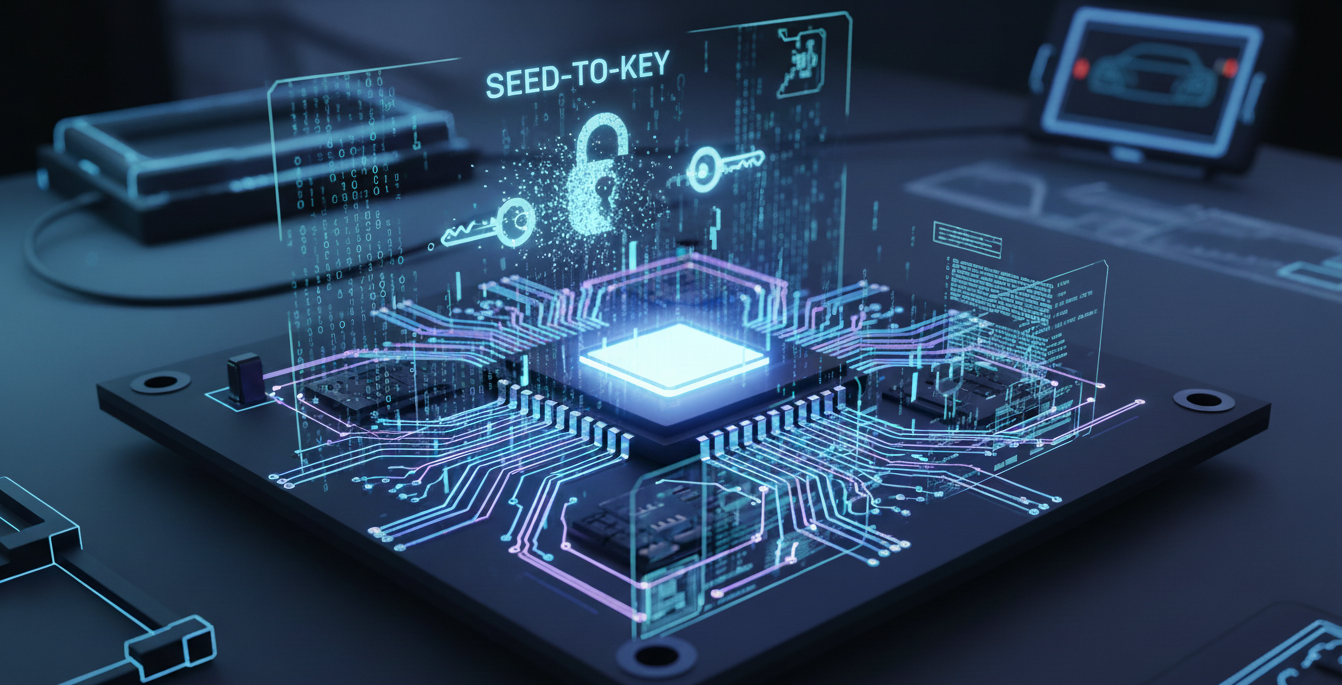 Seed-to-key automotive ECU microcontroller board with glowing digital circuits and binary code overlay, futuristic style, representing seed-to-key reverse engineering and ECU cryptanalysis