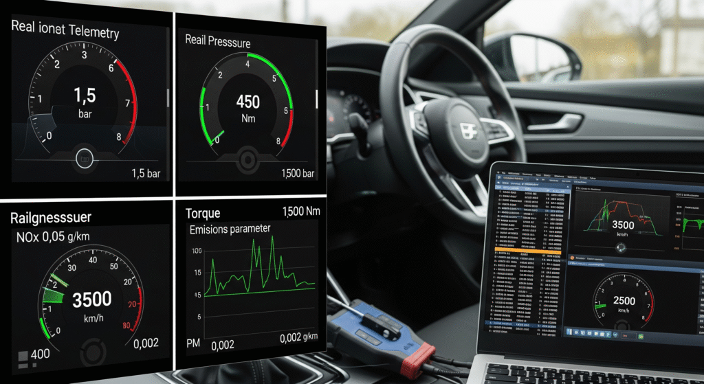 Live telemetry from Bosch EDC17 Stage 1 diesel ECU tuning showing boost, torque, and ECU firmware diagnostics during real-world validation.