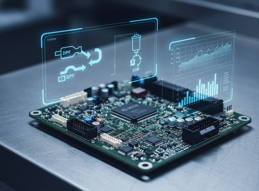 Bosch EDC17 ECU tuning and DPF/EGR delete diagram showing emission system optimization in clean technical environment.