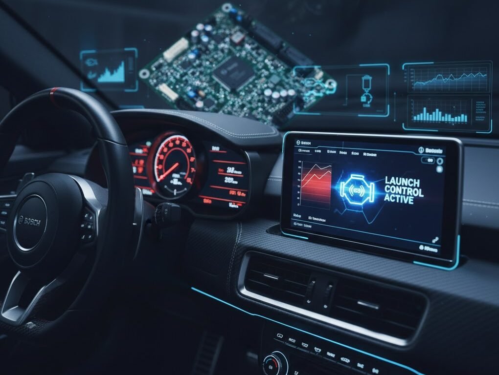 Bosch MED17 ECU Tuning launch control software integration concept with RPM and acceleration data visualization.