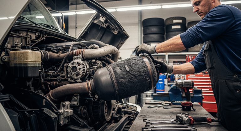 A mechanic inspects a diesel truck’s exhaust system during a DPF and EGR delete, using specialized delete software and a delete kit for a cleaner engine system.