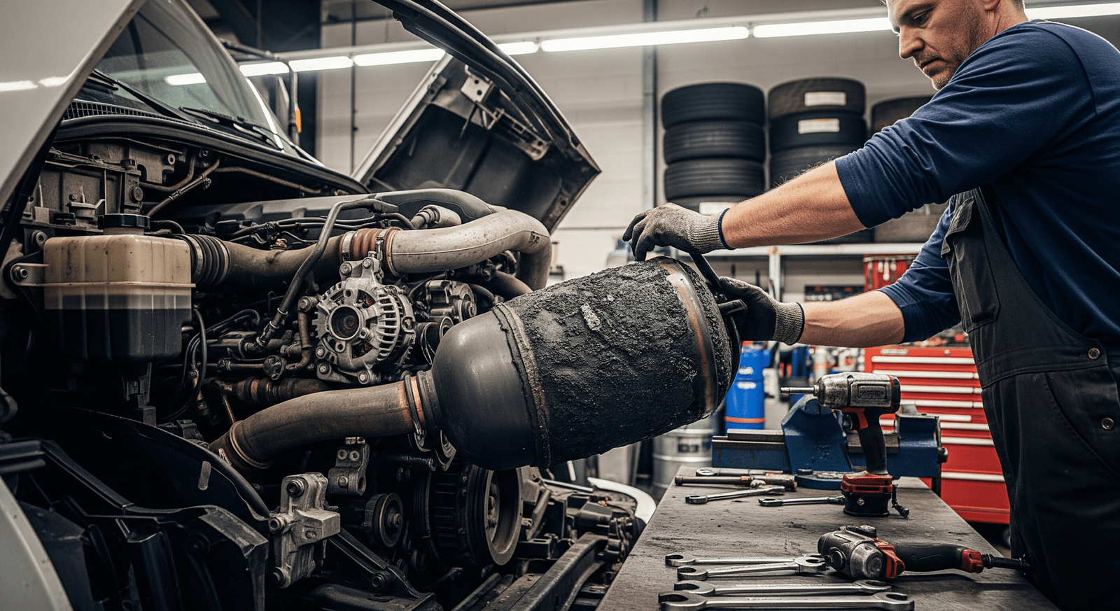 A mechanic inspects a diesel truck’s exhaust system during a DPF and EGR delete, using specialized delete software and a delete kit for a cleaner engine system.