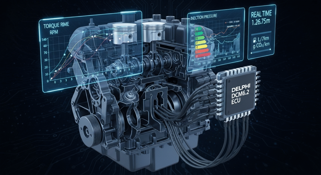 Delphi DCM6.2 ECU torque limiter removal and fuel optimization visualized with torque and injection data overlays.