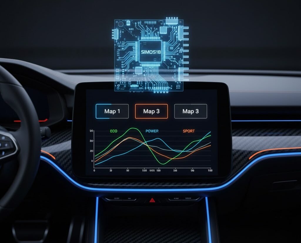 Continental SIMOS18 ECU map switching interface showing multi-map tuning modes and performance configurations.