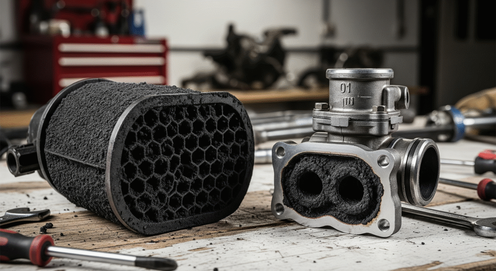 Close-up of a soot-covered DPF and an EGR valve on a workbench, components addressed by a DPF and EGR delete using delete software and a delete kit for a cleaner emissions system.