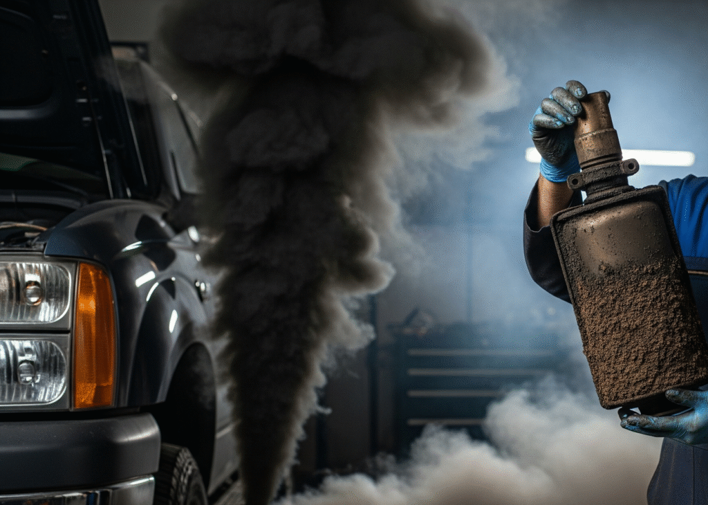 A clogged DPF causes dark exhaust smoke, showing why drivers consider a DPF and EGR delete with delete software and a delete kit to achieve a cleaner exhaust system.