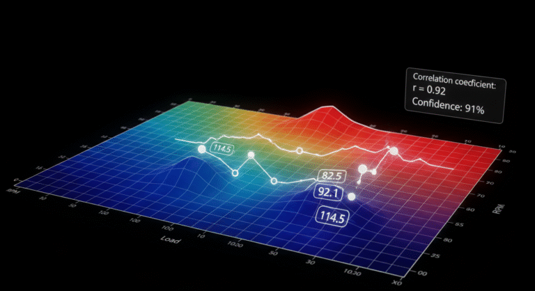 3D calibration heatmap with RPM and Load axes, telemetry overlay and correlation metric illustrating axis inference and calibration map extraction for ECU firmware reverse engineering. Calibration extraction