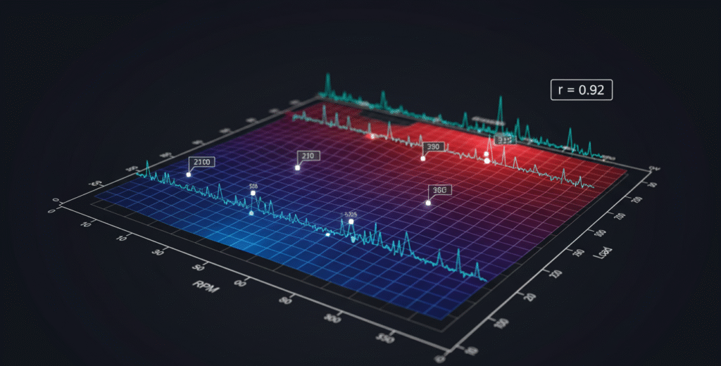 3D calibration heatmap with RPM and Load axes, telemetry overlay and correlation metric illustrating calibration map extraction, ECU firmware reverse engineering and ECU firmware analysis.