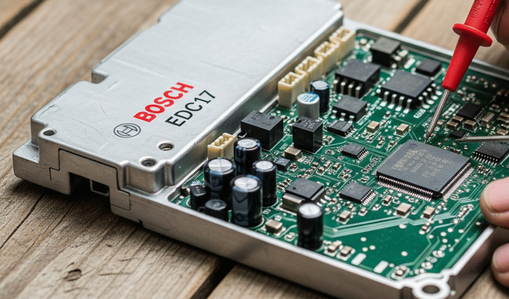 Mechanic analyzing Bosch EDC17 ECU maps during ECU tuning and firmware calibration for Stage 1 tuning and performance optimization.