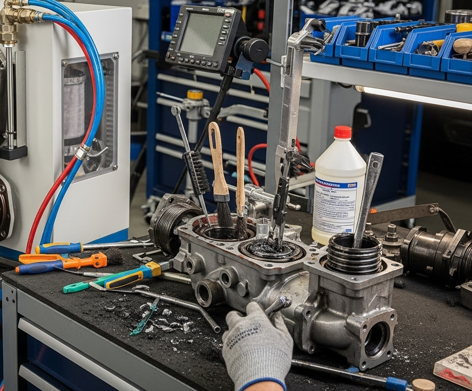 A mechanic uses a DPF cleaning machine, highlighting a maintenance alternative to a DPF and EGR delete that foregoes delete software and a delete kit for a cleaner emissions system.