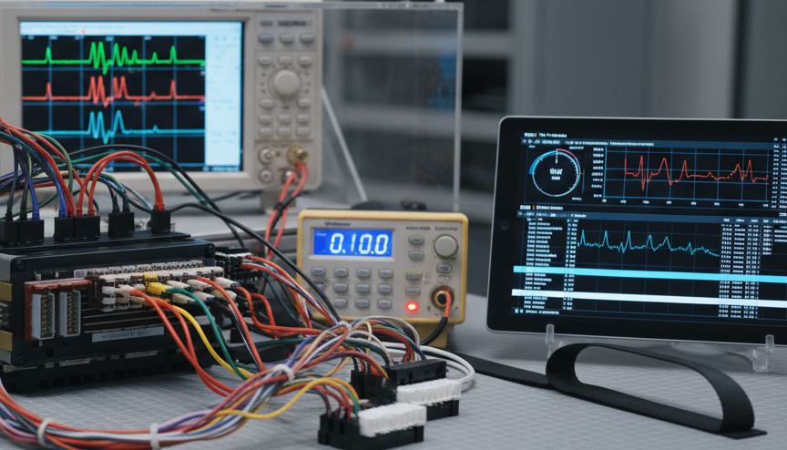 Ecu Reverse Engineering, ECU dynamic test bench with sensor simulators, CAN analyzer, oscilloscope and telemetry tablet, ECU firmware analysis.