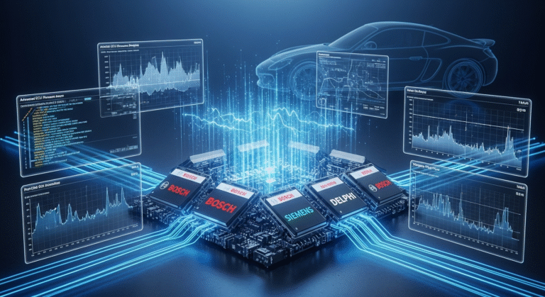 High-tech ECU reverse engineering and ecu tuning concept showing Bosch, Siemens, and Delphi ECU boards interconnected with holographic performance data and vehicle outline.”
