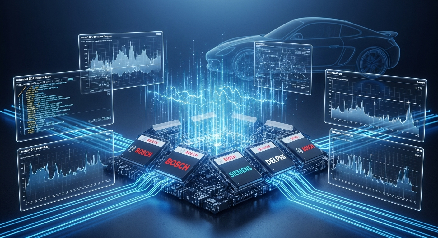 High-tech ECU reverse engineering and ecu tuning concept showing Bosch, Siemens, and Delphi ECU boards interconnected with holographic performance data and vehicle outline.”