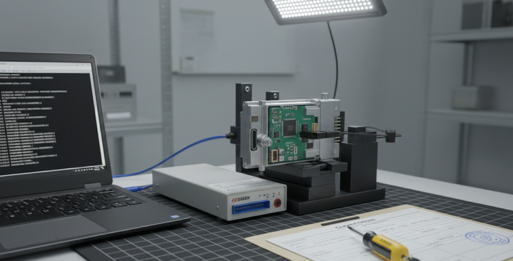 Forensic ECU acquisition bench with ECU, SOIC clip and professional flash programmer showing SHA-256 hash and chain-of-custody folder — representing ECU Hacking Services, ECU firmware reverse engineering and ECU firmware analysis.