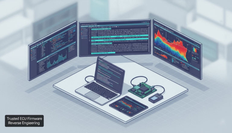 Isometric reverse-engineering workstation with decompiler, hex view and entropy heatmap, telemetry tablet and programmer, featuring a small badge "Trusted ECU Firmware Reverse Engineering" — illustrating ECU Hacking Services, ECU firmware reverse engineering and ECU firmware analysis.