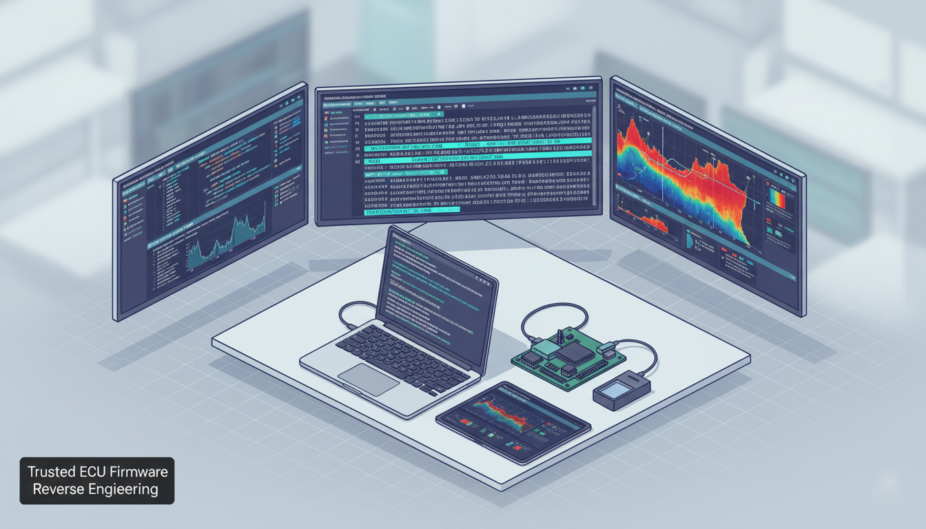 Isometric reverse-engineering workstation with decompiler, hex view and entropy heatmap, telemetry tablet and programmer, featuring a small badge "Trusted ECU Firmware Reverse Engineering" — illustrating ECU Hacking Services, ECU firmware reverse engineering and ECU firmware analysis.