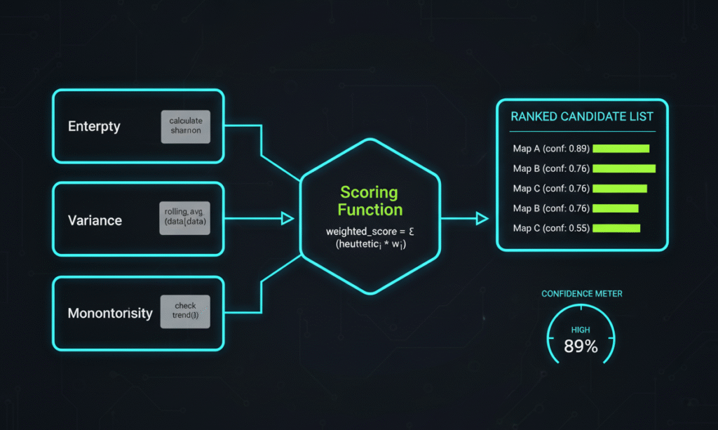 Algorithmic detection pipeline infographic showing entropy, variance and monotonicity scoring that produces ranked candidates for calibration extraction and ECU firmware analysis.