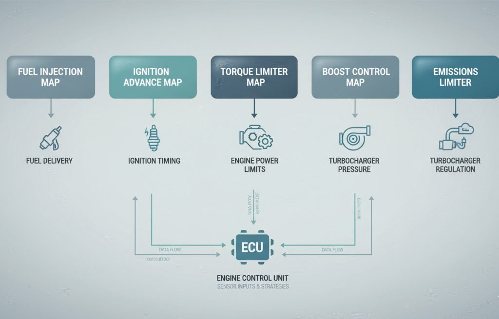 Infographic showing common calibration map types (fuel, ignition, torque, boost) and their relationship to engine systems for calibration extraction and ECU firmware analysis.