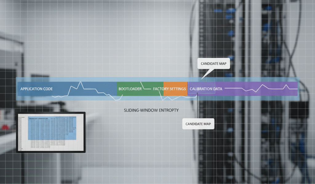 Memory layout visualization with sliding-window entropy graph highlighting low-entropy calibration candidates for calibration map extraction and ECU firmware reverse engineering.