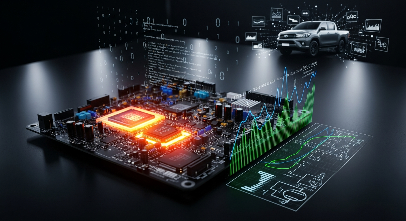 Reverse engineering Toyota Hilux Gen3 Denso ECU with MAP sensor calibration and firmware extraction visualized on a digital workbench.