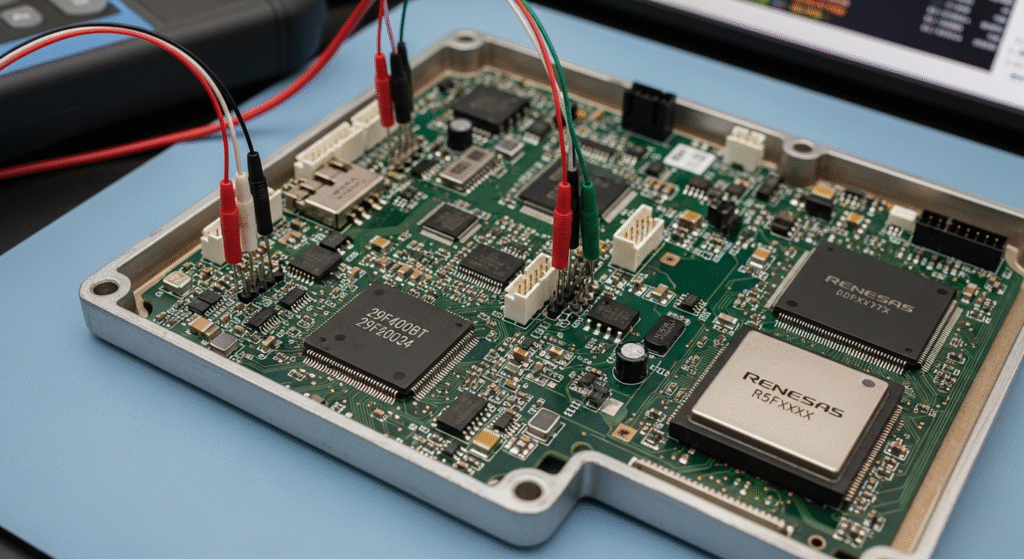 Flash memory extraction from Denso R7F701202 ECU using bench access for Toyota Hilux Gen3 reverse engineering.