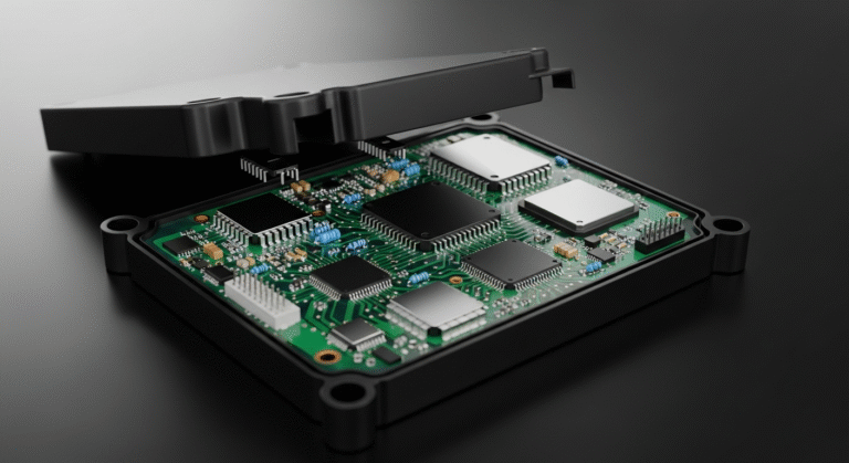 Close-up of an opened automotive ECU unit showing internal circuits, a visual representation of ECU remapping and ECU flashing processes, with no humans or external devices.