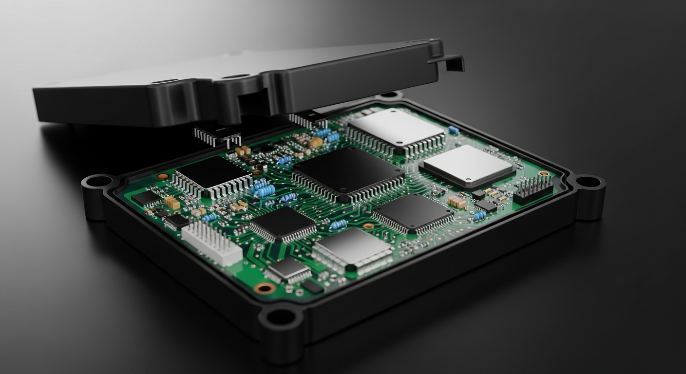 Close-up of an opened automotive ECU unit showing internal circuits, a visual representation of ECU remapping and ECU flashing processes, with no humans or external devices.
