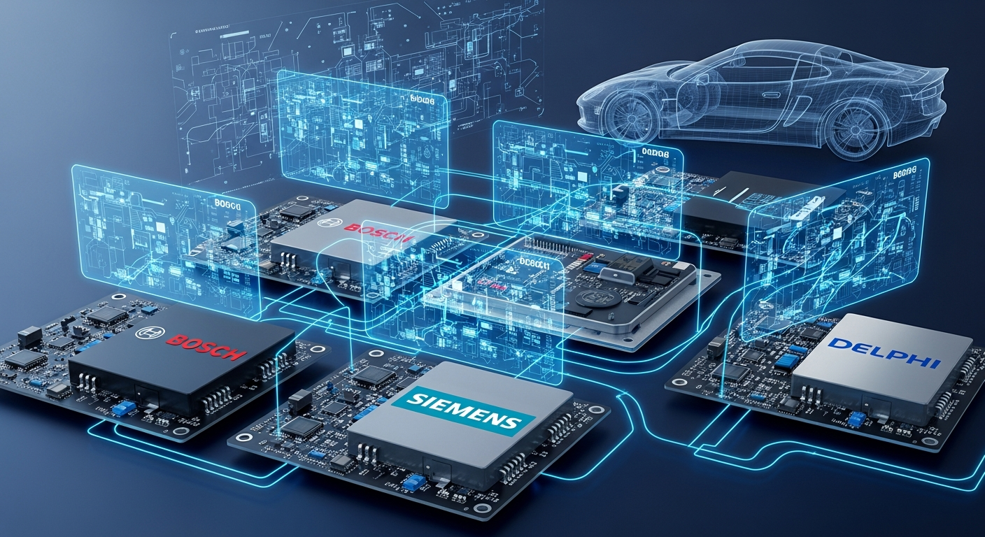 Technical concept of ECU tuning software and tools and performance software comparison. Bosch, Siemens, Delphi ECU interface visual.