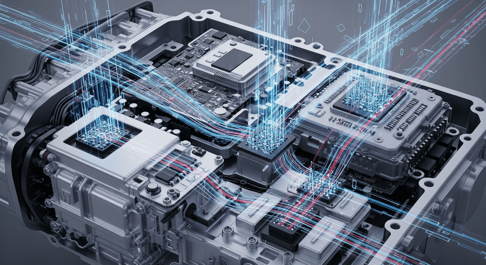 Honda engine ECU visualization with abstract digital data streams showing performance ecu tuning and firmware mapping