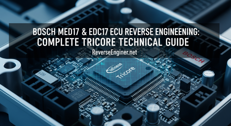Deep technical guide to reverse engineering Bosch MED17 & EDC17 ECUs. Covers Tricore architecture, firmware extraction via JTAG & boot mode, memory layout, and checksum handling.