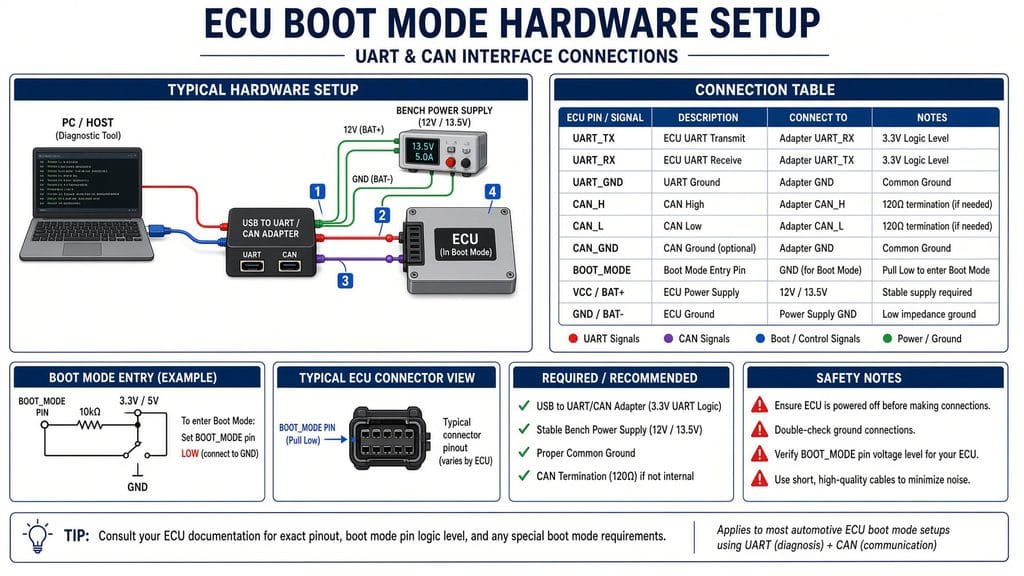 ECU boot mode hardware setup with UART and CAN interface connections