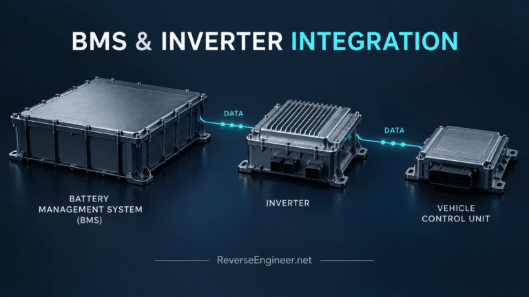 Closed battery, inverter and vehicle controller enclosures joined by data links.