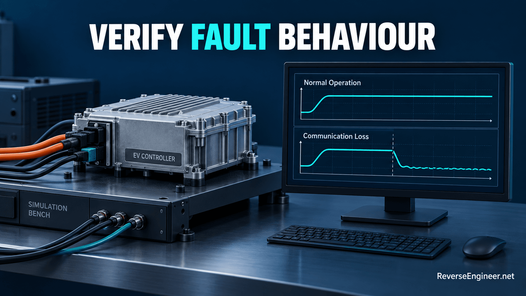 EV controller test environment with illustrative normal and communication-loss traces.