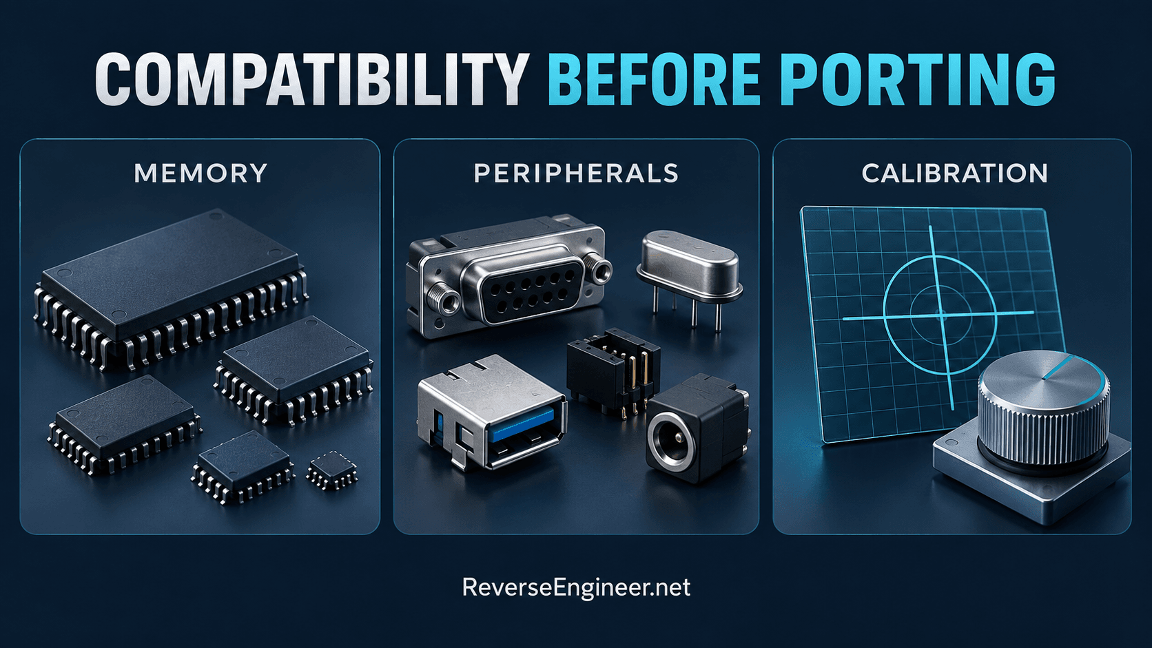 Memory, peripherals and calibration shown as three compatibility review areas.