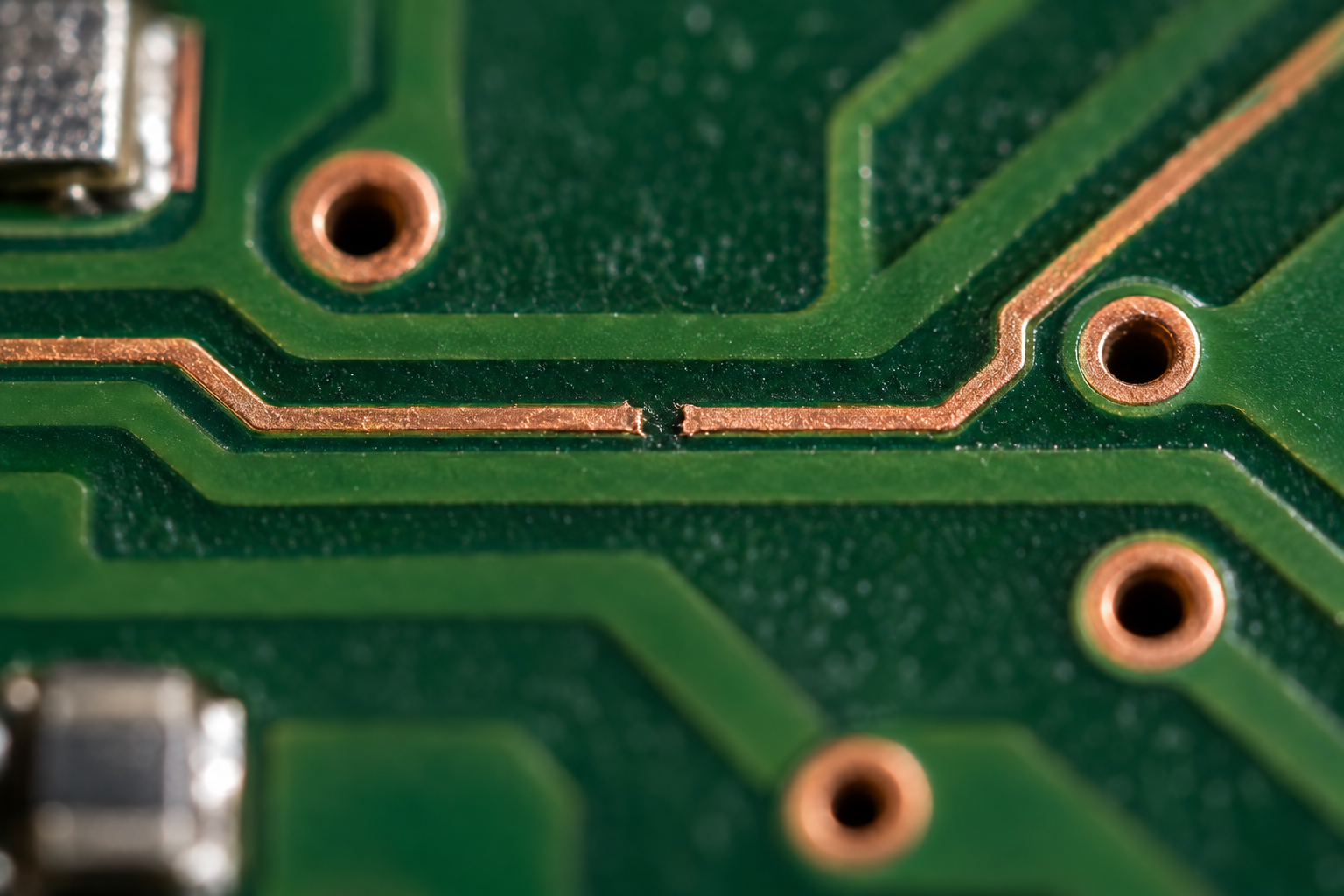 Illustrative close-up of an interrupted circuit-board trace and nearby vias