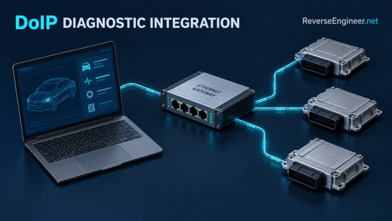 Diagnostic laptop linked through an Ethernet gateway to several ECU modules.