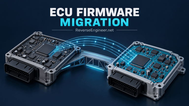 Two ECU boards connected by a conceptual firmware migration bridge.