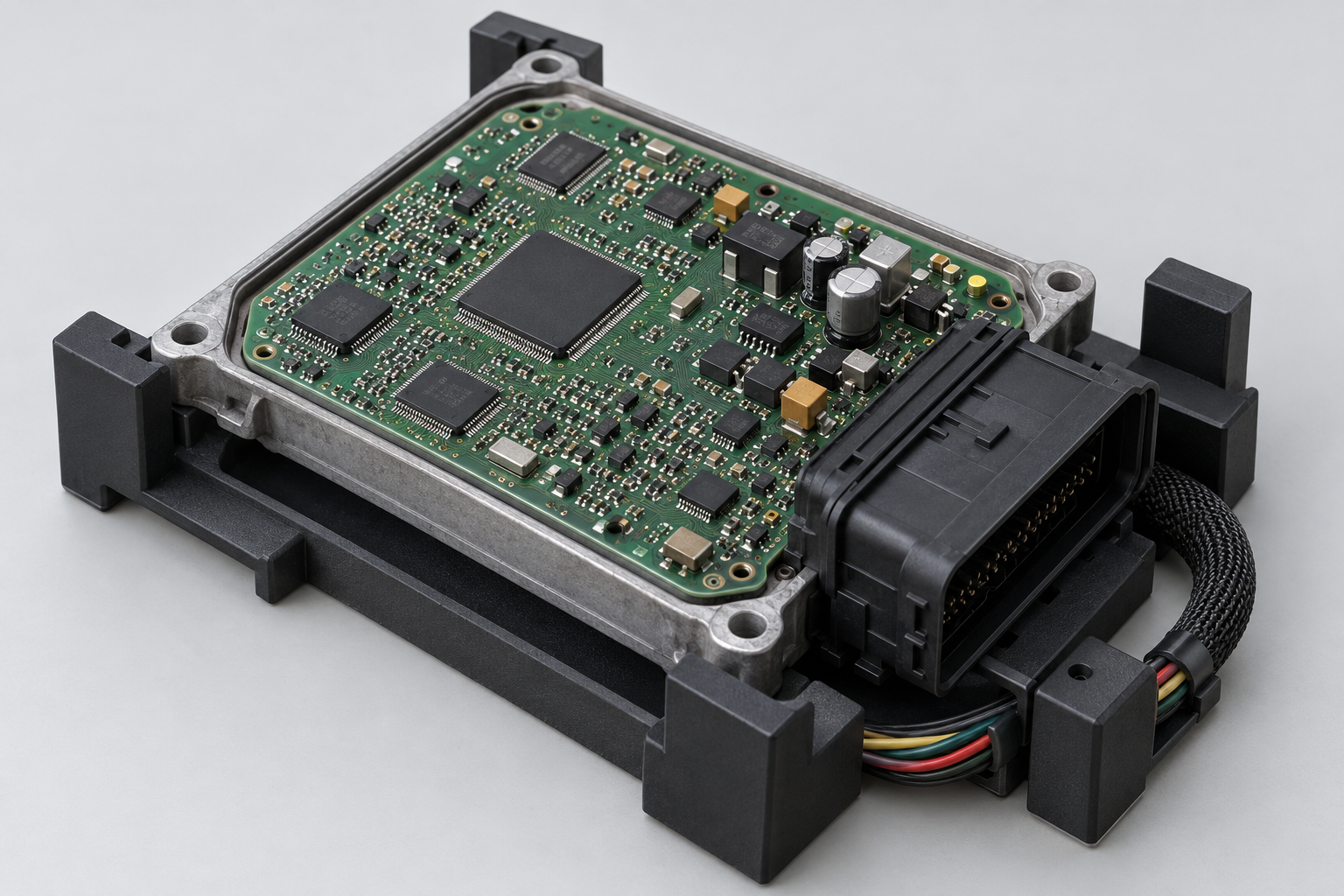 Generic ECU board held in a fixture for repeatable testing