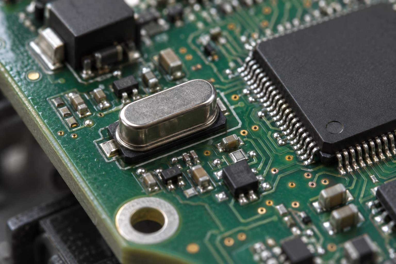 Illustrative close-up of an ECU crystal oscillator circuit